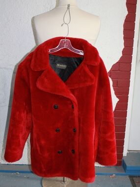 Vintage Red Faux-Fur Double-Breasted Teddy Jacket Made In USA
